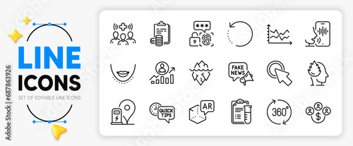 Diagram chart, Chin and Medical staff line icons set for app include Career ladder, Iceberg, Accounting outline thin icon. Biometric security, Medical analyzes. Yellow 3d stars with cursor. Vector