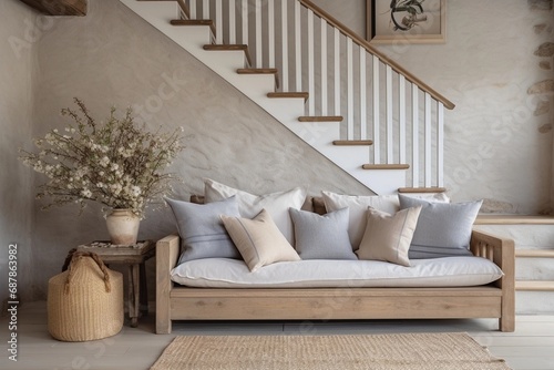 farmhouse, staircase in living room