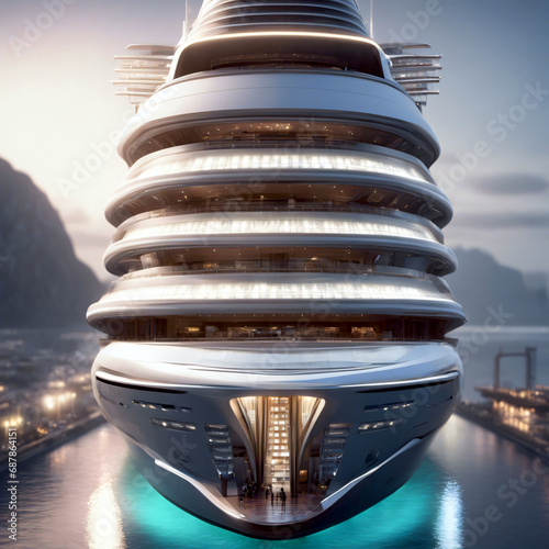 Ein futuristisches Kreuzfahrtschiff im Hafen.
