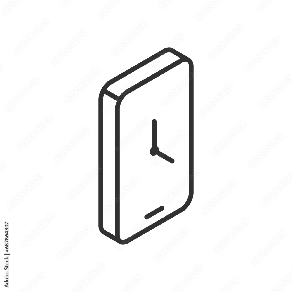 Clock on smartphone, linear icon. Line with editable stroke isometric style Clock on smartphone, linear icon. Line with editable stroke isometric style