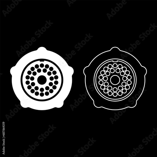 Grate for meat grinder plate mincer device for growing shallow of meat lattice with nut screw female screw pawl stop latch holder set icon white color vector illustration image solid fill outline 