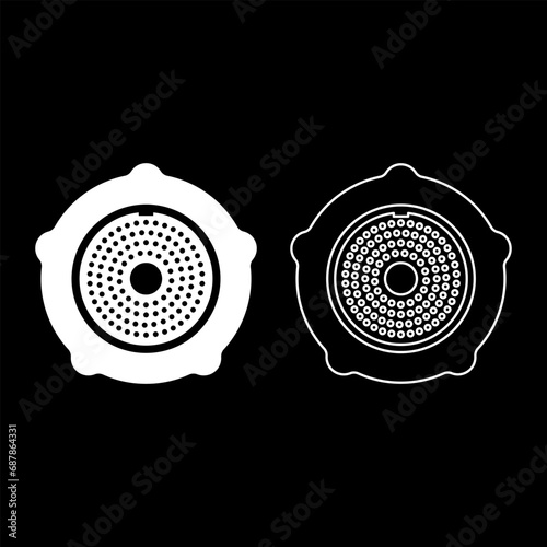 Grate for meat grinder plate mincer device for growing shallow of meat lattice with nut screw female screw pawl stop latch holder set icon white color vector illustration image solid fill outline 