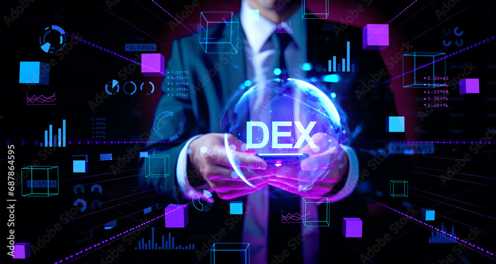 Businessman with phone, DEX and indicators. Ai generative illustration