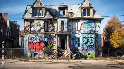 Abandoned two-story house painted with grafitti
