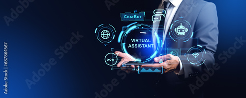 Man with tablet and virtual assistant, copy space. Ai generative illustration