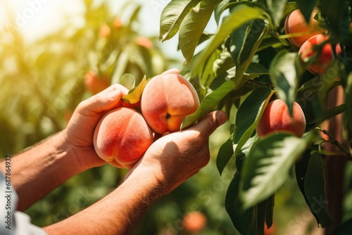 Hand picking fresh delicious juicy peach from orchard photo
