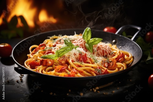 Pasta with tomato sauce in a black pan