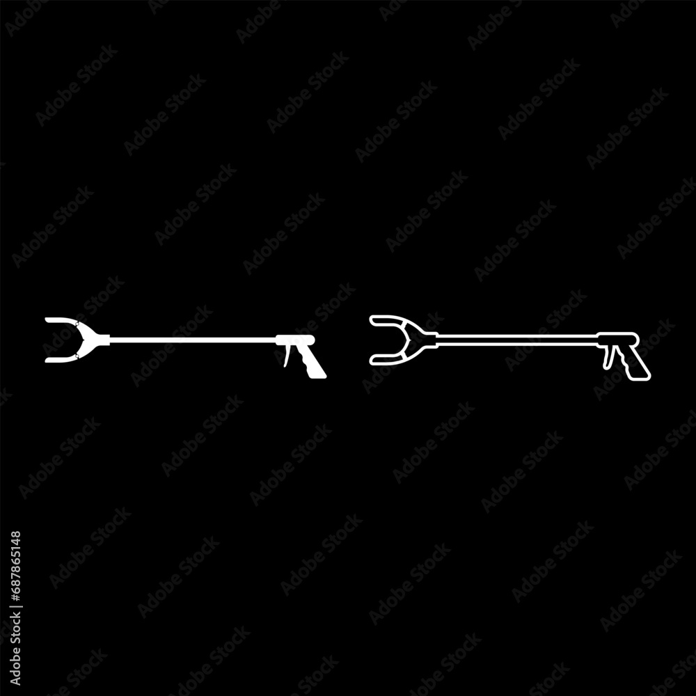Long reach grabber litter picker gripper trash device pick up tool claw equipment arm hand set icon white color vector illustration image solid fill outline contour line thin flat style Long reach grabber litter picker gripper trash device pick up tool claw equipment arm hand set icon white color vector illustration image solid fill outline contour line thin flat style