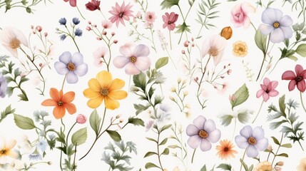 Dainty Abstract flower Bright and cute colors pattern, simple, neutral flowers on white background Seamless pattern of elegant, dainty, neutral watercolor floral for fabric, home decor, and wrapping