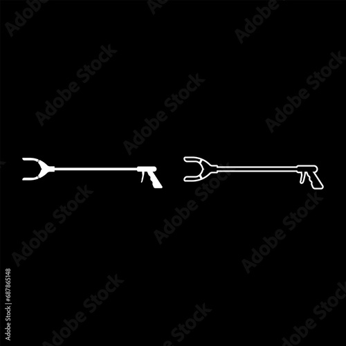 Long reach grabber litter picker gripper trash device pick up tool claw equipment arm hand set icon white color vector illustration image solid fill outline contour line thin flat style