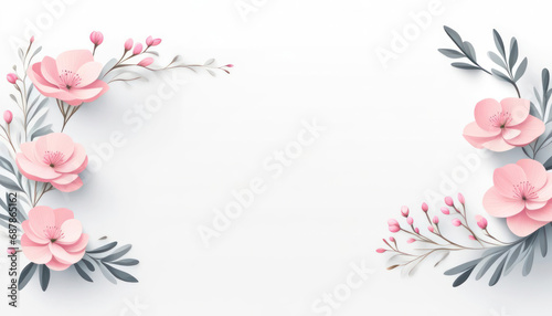 Pink flowers on white background frame for wedding invitation card or event with copy space