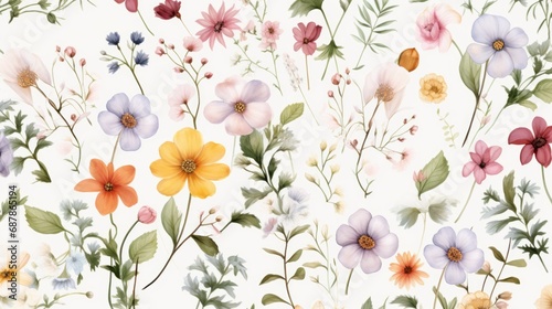 Dainty Abstract flower Bright and cute colors pattern, simple, neutral flowers on white background Seamless pattern of elegant, dainty, neutral watercolor floral for fabric, home decor, and wrapping