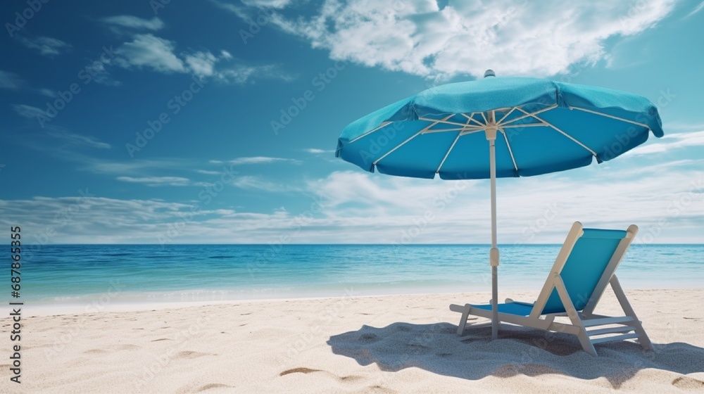 Relaxing on the beach on summer holiday break, outdoor day light, paradise island, beach chair undr umbrella looking at blue sea