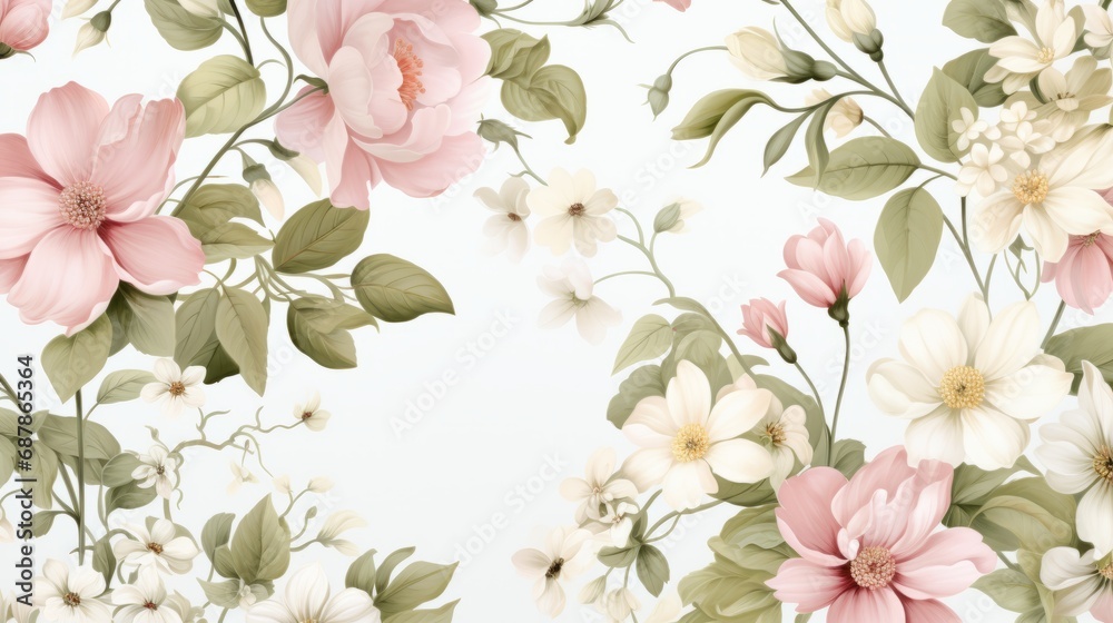 Fototapeta premium Dainty Abstract flower Bright and cute colors pattern, simple, neutral flowers on white background Seamless pattern of elegant, dainty, neutral watercolor floral for fabric, home decor, and wrapping