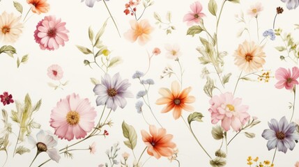 Dainty Abstract flower Bright and cute colors pattern, simple, neutral flowers on white background Seamless pattern of elegant, dainty, neutral watercolor floral for fabric, home decor, and wrapping