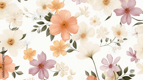 Dainty Abstract flower Bright and cute colors pattern, simple, neutral flowers on white background Seamless pattern of elegant, dainty, neutral watercolor floral for fabric, home decor, and wrapping
