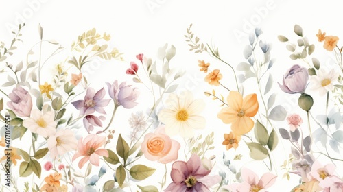 Fototapeta Naklejka Na Ścianę i Meble -  Dainty Abstract flower Bright and cute colors pattern, simple, neutral flowers on white background Seamless pattern of elegant, dainty, neutral watercolor floral for fabric, home decor, and wrapping