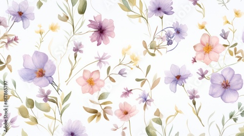 Fototapeta Naklejka Na Ścianę i Meble -  Dainty Abstract flower Bright and cute colors pattern, simple, neutral flowers on white background Seamless pattern of elegant, dainty, neutral watercolor floral for fabric, home decor, and wrapping