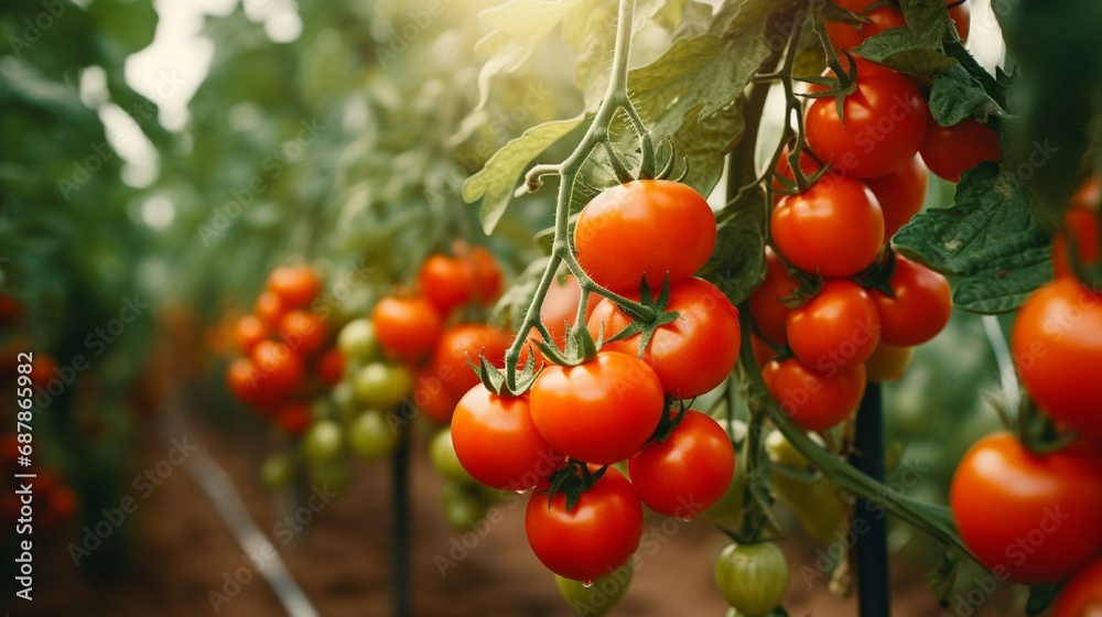 Ripe Tomato plant growing in greenhouse. Tasty red Tomatoes. Branch of fresh Tomatoes hanging on trees in organic farm. Autumn . Harvest Concept. Fresh organic vegetables. Healthy eating
