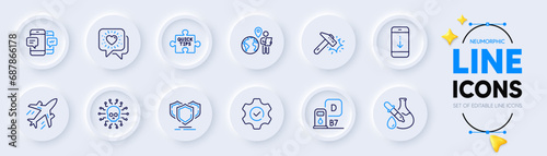 Outsource work, Plane and Diesel station line icons for web app. Pack of Cyber attack, Shields, Scroll down pictogram icons. Friends chat, Hammer blow, Execute signs. Quick tips. Vector
