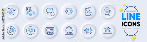 Bitcoin system, Realtor and Question button line icons for web app. Pack of Quiz, Keys, Ecology app pictogram icons. Transform, Call center, Atm signs. Prohibit food, Inspect, Petrol canister. Vector