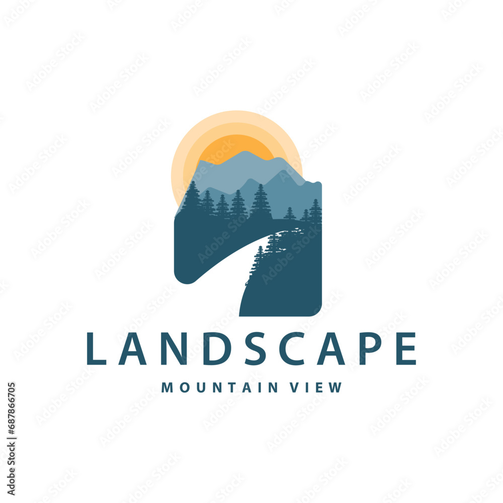Landscape logo nature adventure design mountain and river luxury vector illustration Landscape logo nature adventure design mountain and river luxury vector illustration