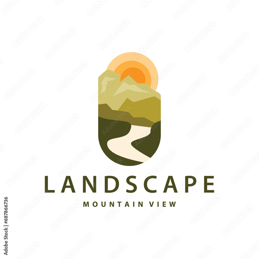 Obraz premium Landscape logo nature adventure design mountain and river luxury vector illustration
