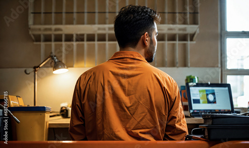 back view of a prisoner in orange clothes sitting in jail with laptop, generative AI photo