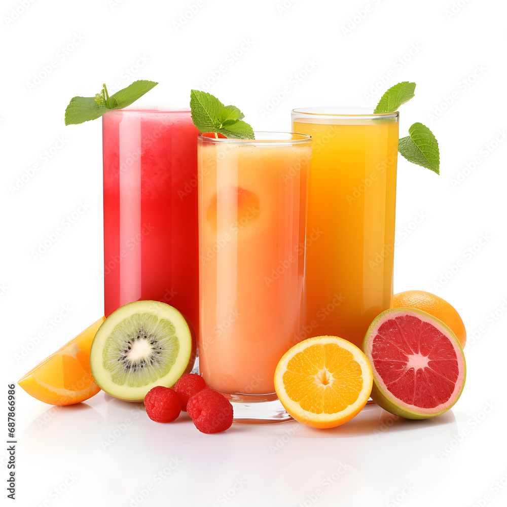 Fototapeta premium Different tasty juices and fresh ingredients on white background.