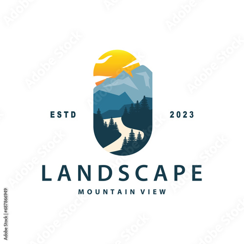 Landscape logo nature adventure design mountain and river luxury vector illustration