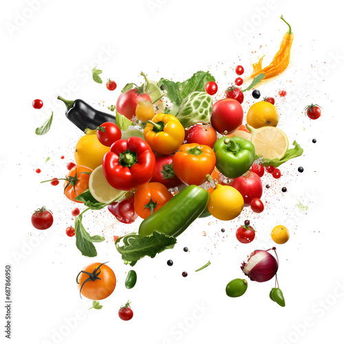 Many fresh vegetables and fruits falling on white background.