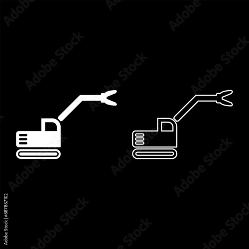 Sloopkraan building machine demolish wrecking cut knife crane truck set icon white color vector illustration image solid fill outline contour line thin flat style