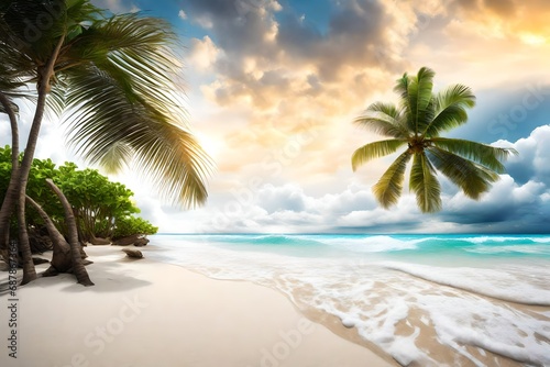   A nice beach with white sand  cloud  plam tree and wave-