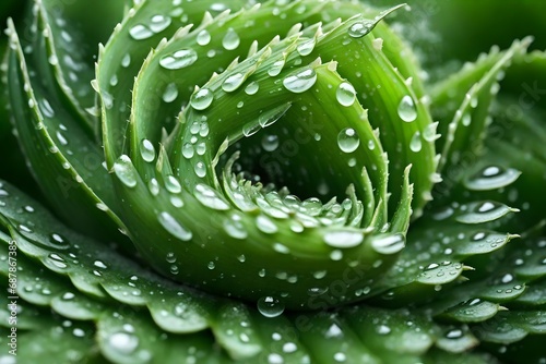 spiral aloe vera with water drops, closeup--