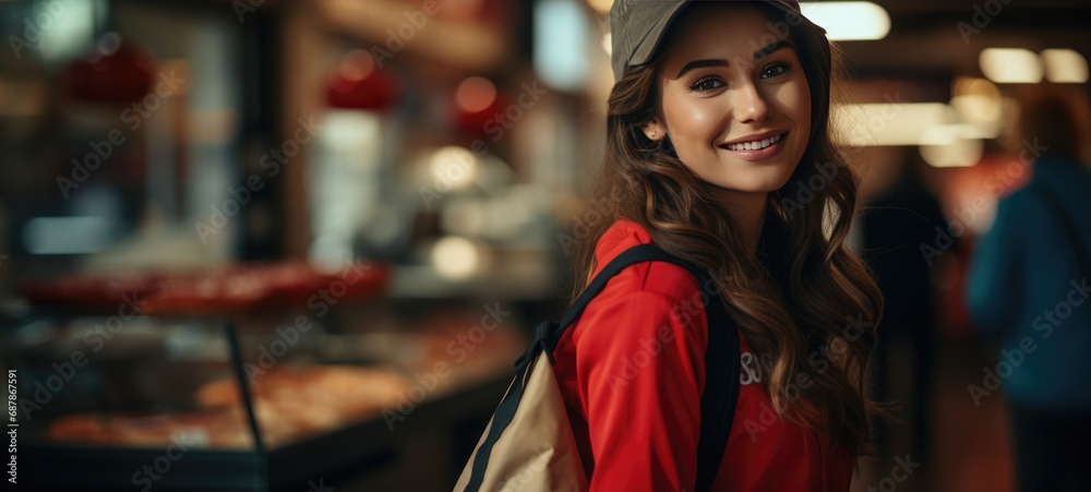 woman working in a Cafe background as a Pizza Delivery