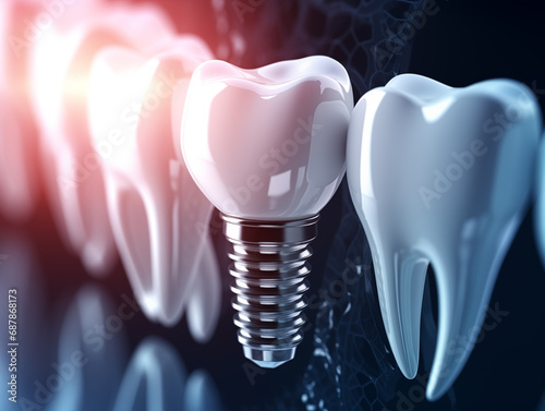 Teeth with dental implant. Futuristic concept of new technologies in dentistry. Generative AI.  photo