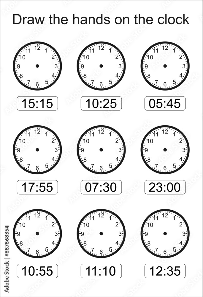 Game for kids. What time is it? Draw hands on the clock face. Time worksheet practice print page