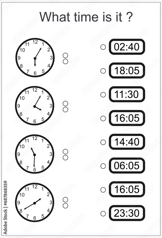 Game for kids. What time is it? Educational exercises for kids. Worksheets for practicing motor skills of children. Useful games for preschool and kindergarten. Game for kids. What time is it? Educational exercises for kids. Worksheets for practicing motor skills of children. Useful games for preschool and kindergarten.