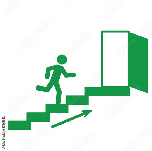 a person runs up the stairs to the emergency exit, evacuation, emergency exit icon, emergency exit flat sign