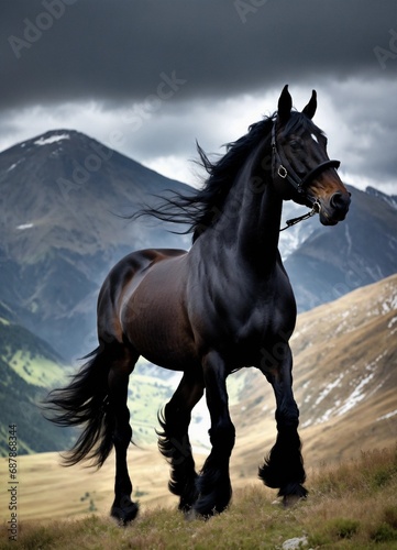 cheval noir dans les ténèbres , montagnes en arrière plans