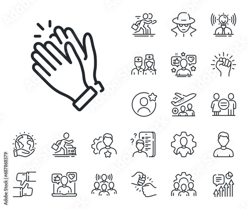 Clap sign. Specialist, doctor and job competition outline icons. Clapping hands line icon. Victory gesture symbol. Clapping hands line sign. Avatar placeholder, spy headshot icon. Vector