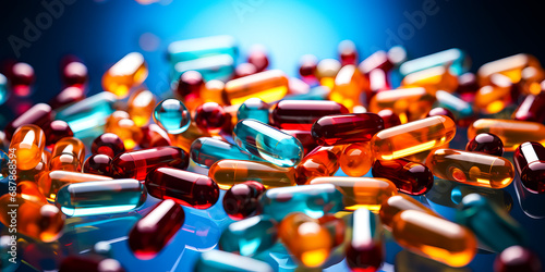 Lot of colorful capsules on close up dark background. Pharmaceutical industry future