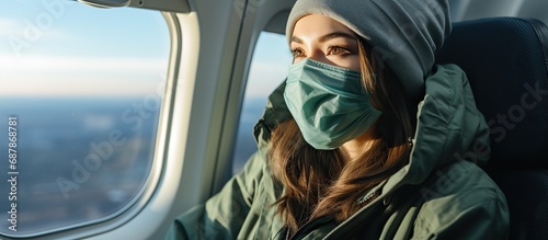 Blonde woman in medical mask sitting in the plane by the window photo