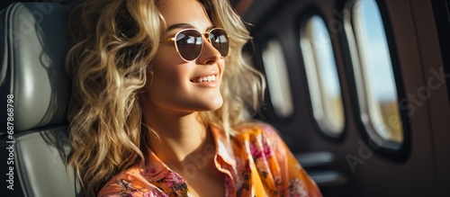 Relaxing moment of beautiful woman wearing sunglasses and sitting in car back seats  with safety belt and look out the window. Female happy in car traveling on the road to destination.