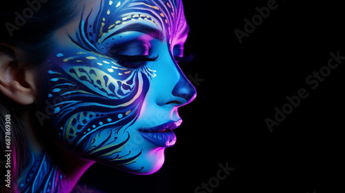 Close-up of beautiful woman s face with body painting created with Generative AI tecnology.