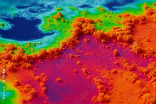 Heatmap image using an infrared thermography camera showing spatial heat radiation and solar absorption in the coastal land with trees and inlet marshes. Aerial view of thermal scan imaging. photo