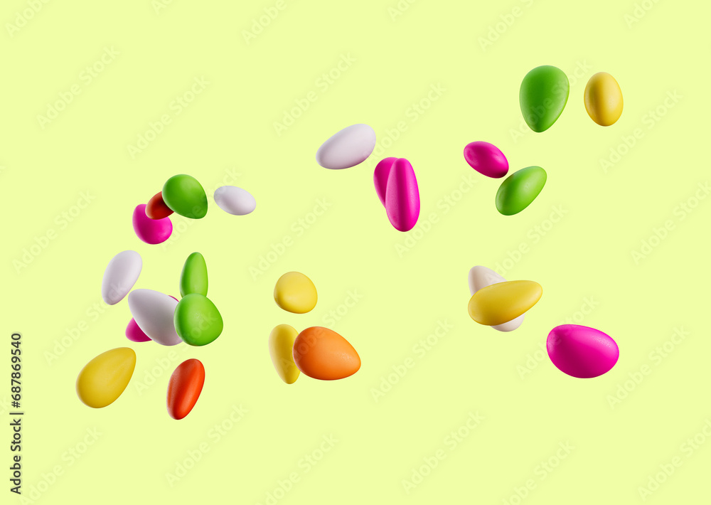 3d Colorful Almond Candies Sugar Coated Almond Candies Falling On Yellow background, 3d illustration