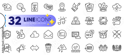 Outline set of Squad, Quick tips and Lightning bolt line icons for web with Refund commission, Shield, Location thin icon. Technical info, Ship travel, Mail pictogram icon. Vector