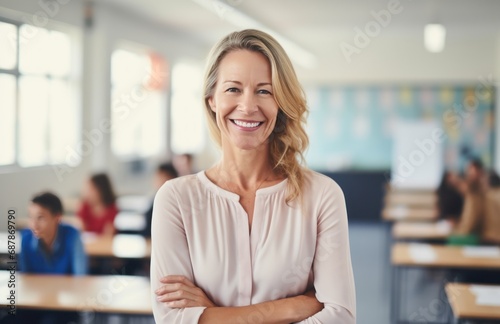 Portrait of smiling woman teacher in a class at elementary school looking at camera. Back to school concept. photo