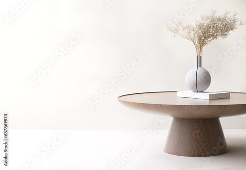 Modern brown round wooden coffee table, book, flower bouquet in gray vase in white room. Luxury cosmetic, skincare, beauty, body, hair care treatment, fashion product display background 3D